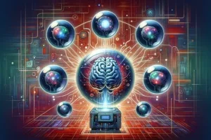 super AI as a large brain housed in a powerful computer, with five LLM models